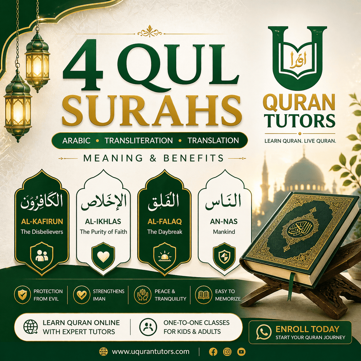 Read more about the article 4 Qul Surahs – Arabic, Transliteration, Translation, Meaning & Daily Benefits
